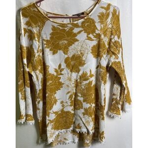 Papermoon Top 3/4 Sleeve Women Large Golden And White Floral Blouse Cottage Core